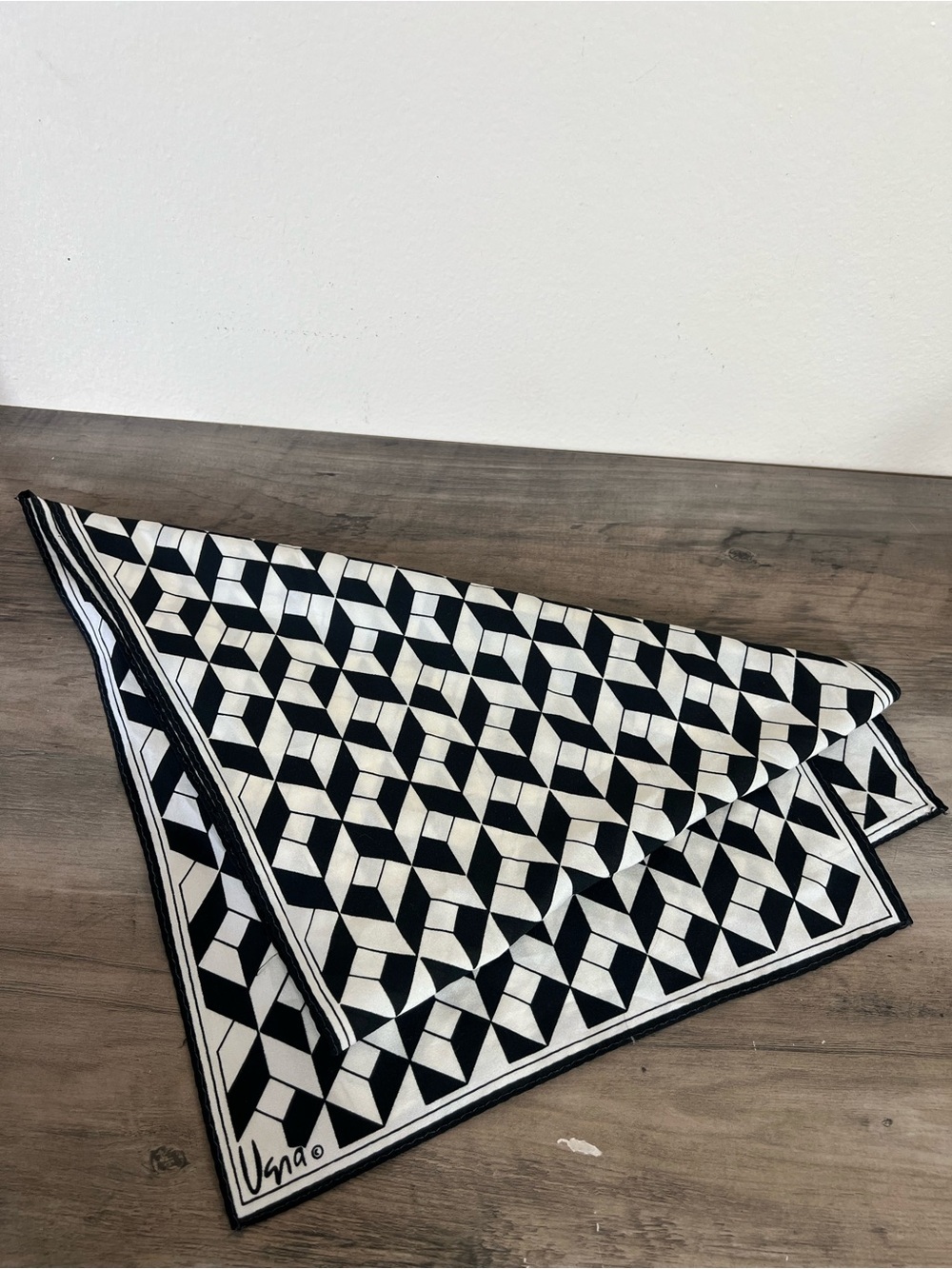 Usna silk satin Geometric print Black & White rectangle Scarf 52”x11”